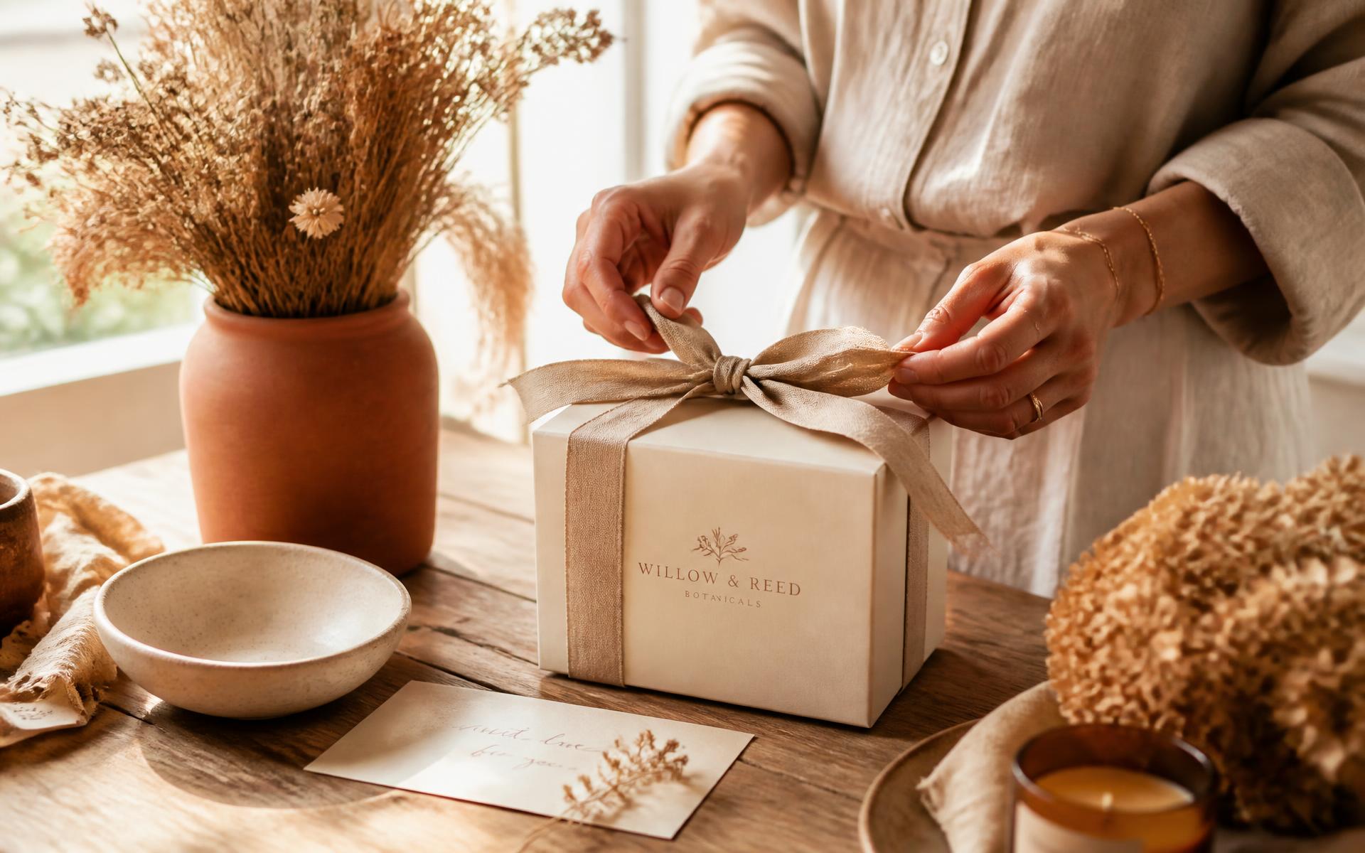 A hand-wrapped gift hamper on a linen table in warm morning light