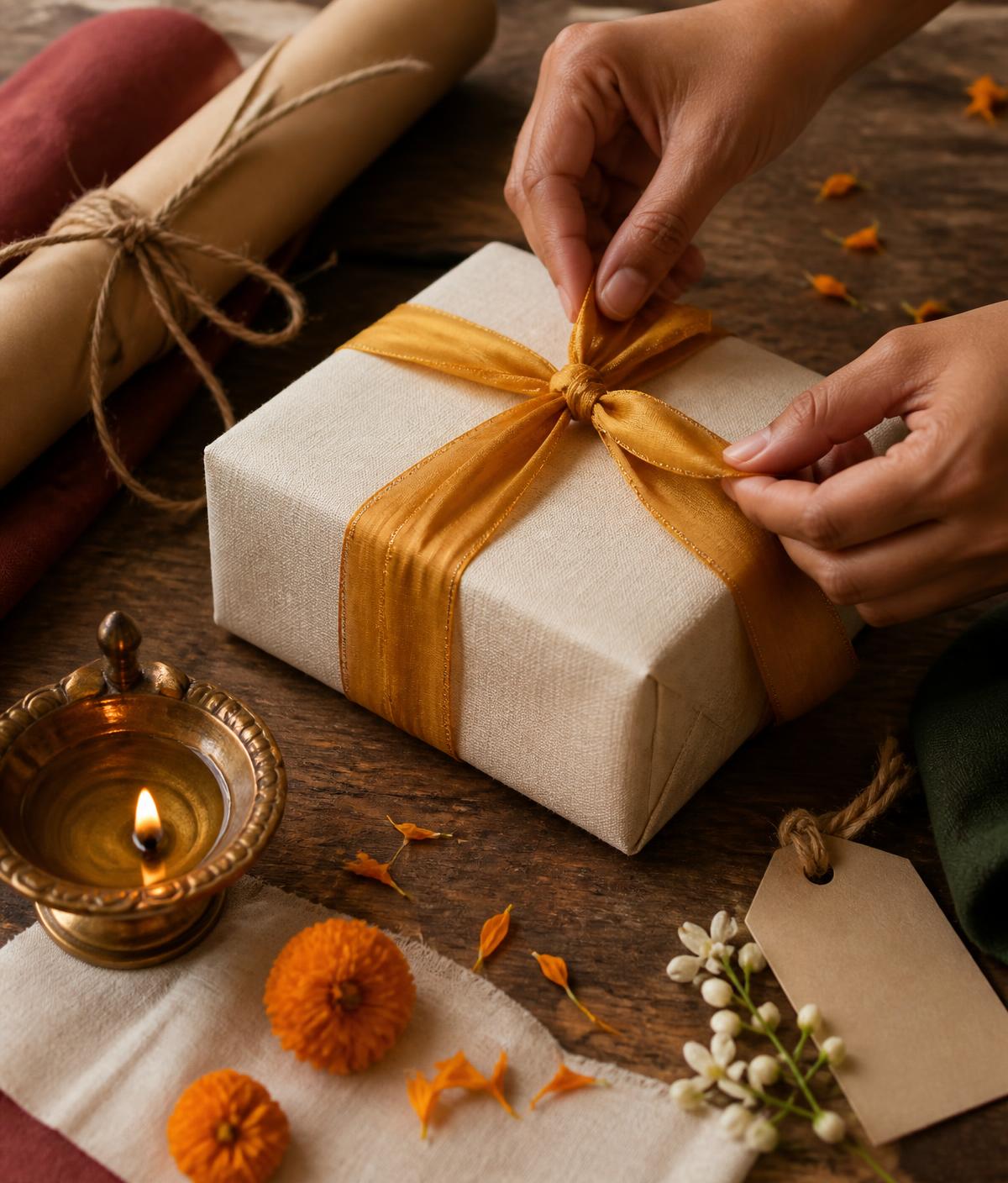 Hands tying a marigold-gold ribbon around a khadi-wrapped gift box beside marigold petals, a brass diya, and a handwritten tag